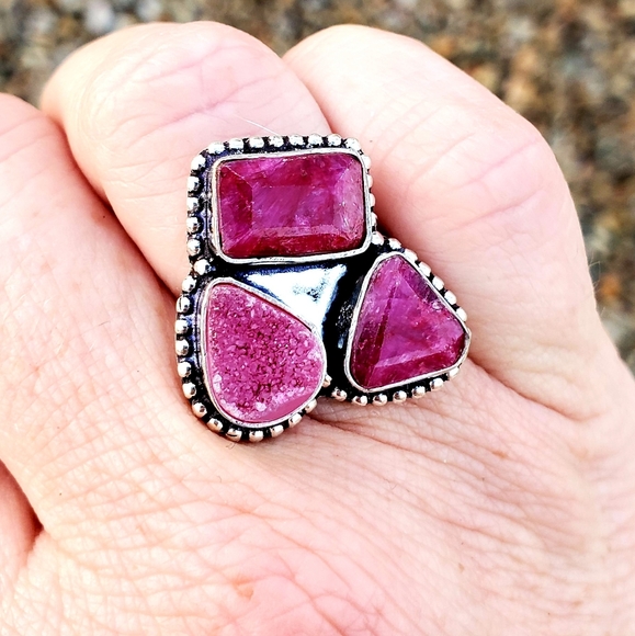 New Cherry Ruby and Druzy 925 Silver Ring. - Picture 13 of 14